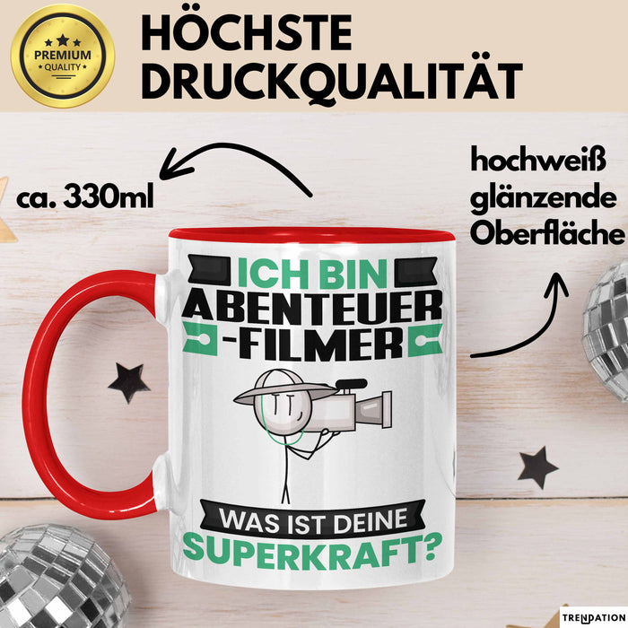 Abenteuerfilmer Tasse Geschenk für Abenteuerfilmer Geburtstag Lustiger Spruch Kaffee-Becher Was Ist Deine Superkraft Rot Trendation