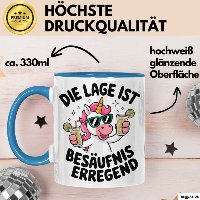 Einhorn Trinken Liebhaber Sarkasmus Tasse Becher Geschenk Lustige Geschenkidee Spruch Die Lage Ist Besäufniserregend Blau Trendation