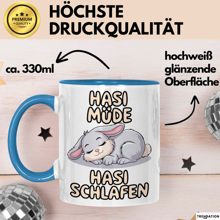 Sarkastische Kaninchen Hase Tasse Geschenk Lustige Geschenkidee Spruch Hasi Müde Hasi Schlafen Blau Trendation