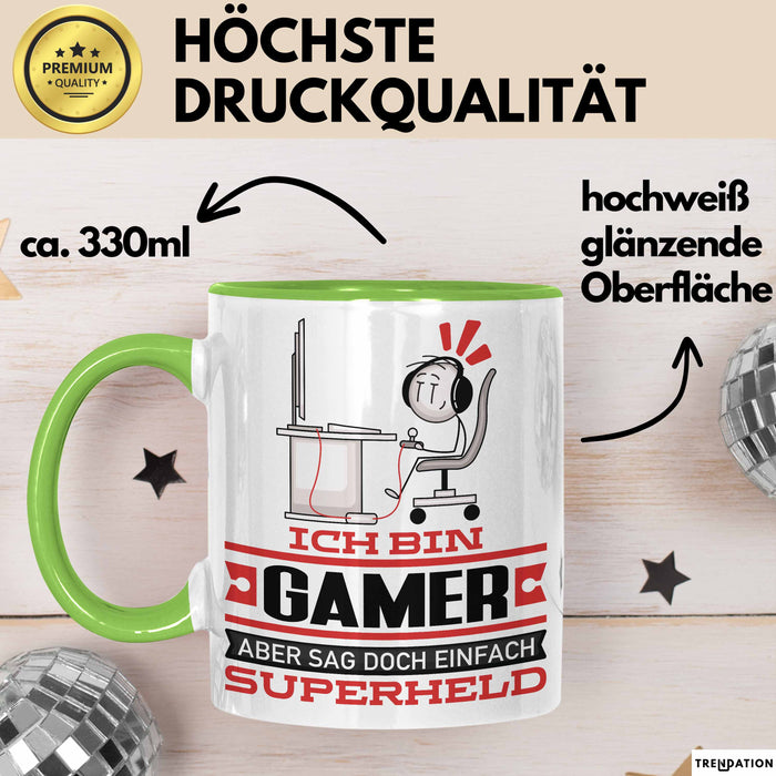 Gamer Geschenk Tasse Ich Bin Gamer Aber Sag Doch Einfach Superheld Lustige Geschenkdiee für Gamer Kaffee-Becher Grün Trendation
