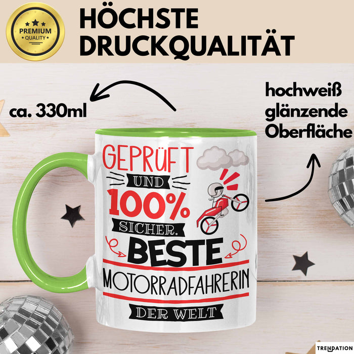 Beste Motorradfahrerin Der Welt Tasse Geschenk für Eine Motorradfahrerin Geprüft Und Sicher Geschenkidee Geburtstag Weihnachten Grün Trendation