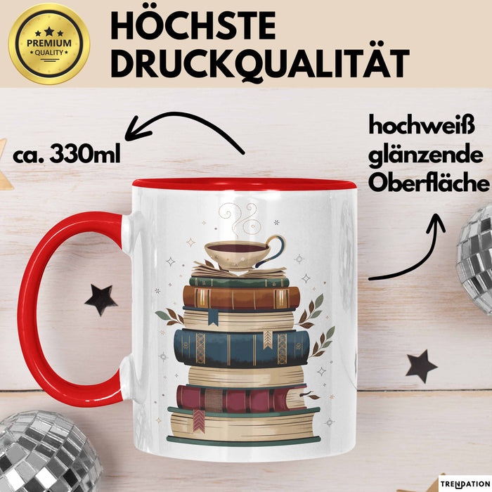 Bücherwurm Tasse Geschenkidee für Vielleser Lustiger Spruch Rot Trendation