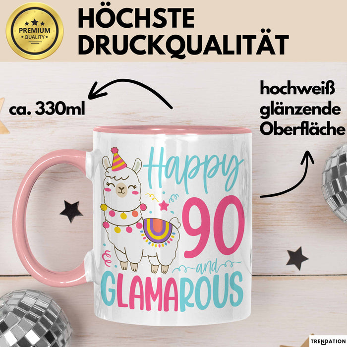 90er Geburtstag Tasse Geschenk Happy 90 And Glamarous Llama Alpaka Liebhaber Geschenkidee zum Geburtstag Rosa Trendation