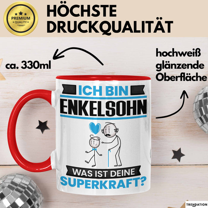 Enkelsohn Tasse Geschenk für Enkelsohn Geburtstag Lustiger Spruch Kaffee-Becher Was Ist Deine Superkraft Rot Trendation