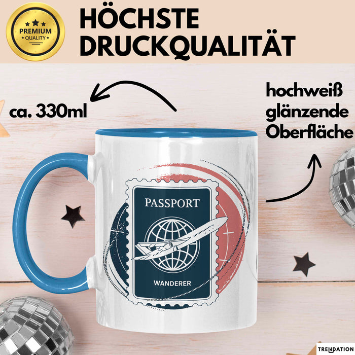 Weltenbummler Tasse Geschenkidee für Reisesüchtige Blau Trendation