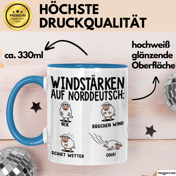 Schaf Tier Bauer Norddeutschland Tasse Becher Geschenk Lustige Geschenkidee Spruch Windstärken Auf Norddeutsch Blau Trendation