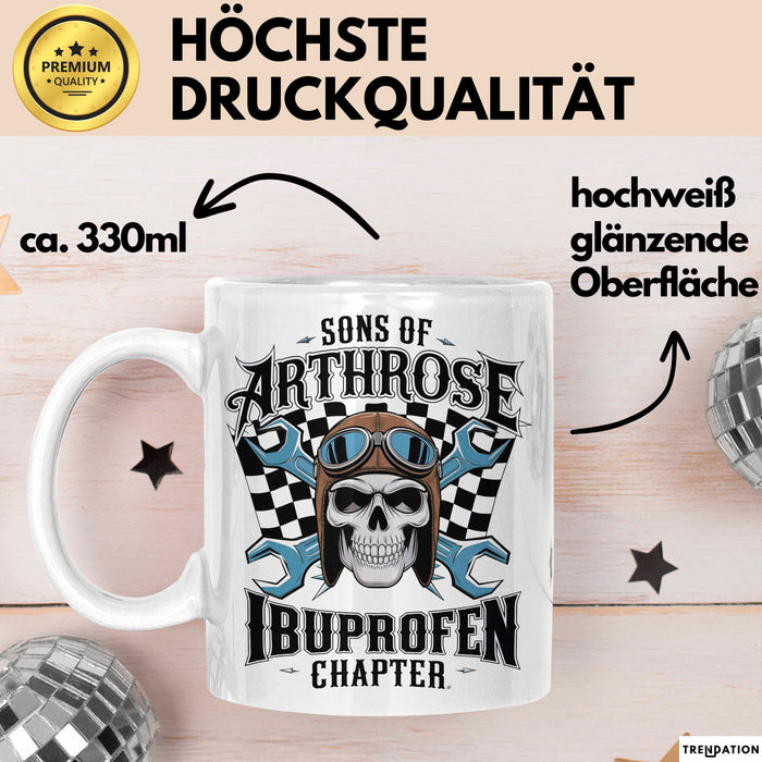 Biker Fahrradfahrer Tasse Geschenk Lustige Geschenkidee Spruch Sons Of Arthrose Ibuprofen Chapter Weiß Trendation