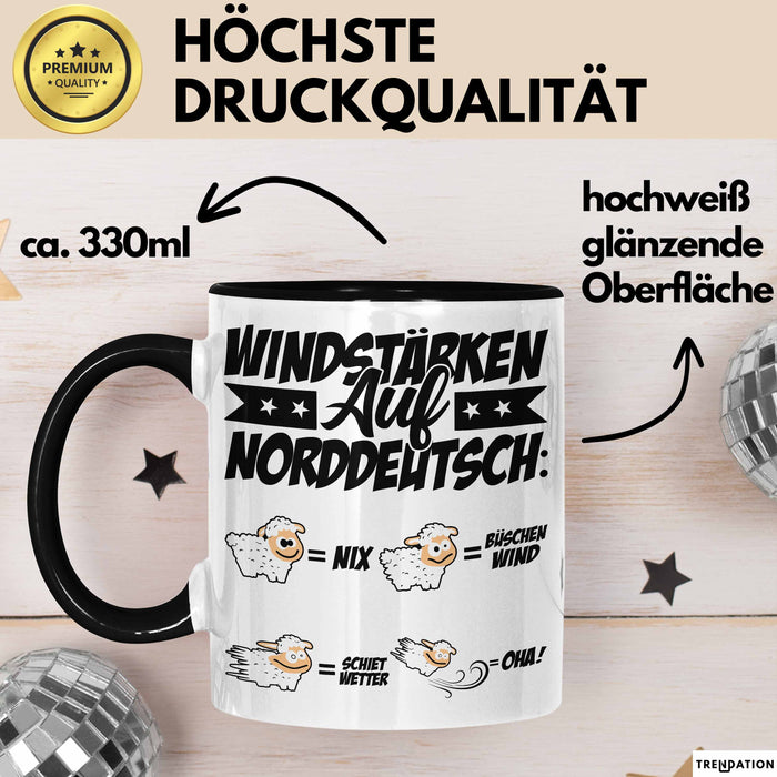 Norddeutsche Tasse Geschenk Windstärken Schaf Kaffee-Becher Geschenkidee Schwarz Trendation