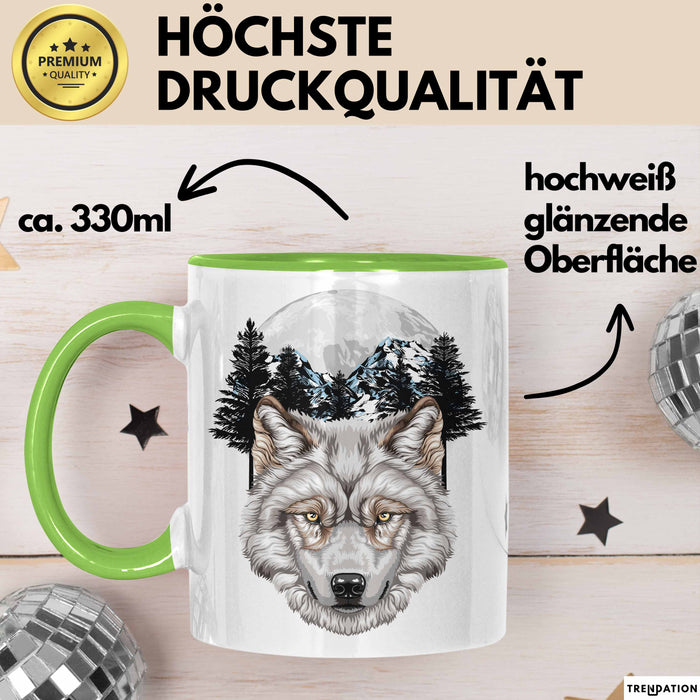 Wolf Tasse Geschenk Realistisch Berglandschaft Vollmond Geschenkidee Grün Trendation