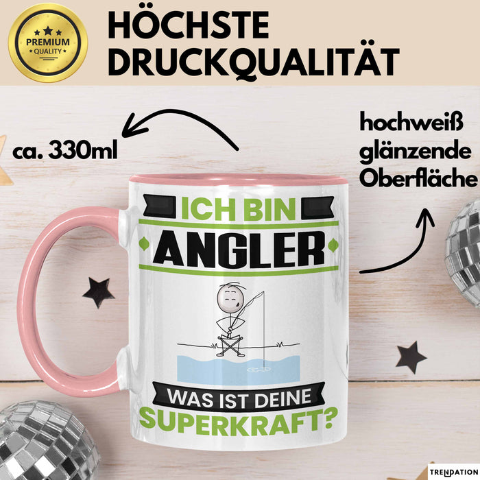 Angler Tasse Geschenk für Angler Geburtstag Lustiger Spruch Kaffee-Becher Was Ist Deine Superkraft Rosa Trendation