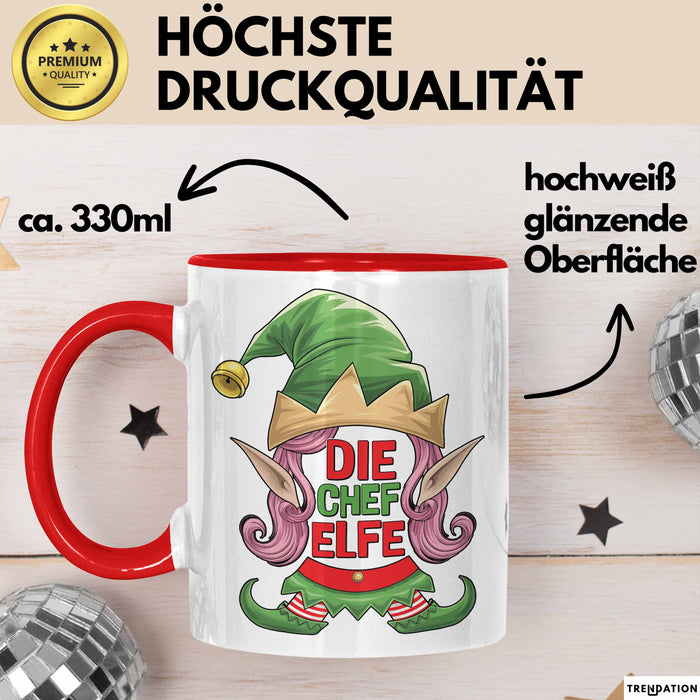 Chefin Tasse Geschenk Die Chef Elfe Geschenkidee Zu Weihnachten Für Chefin Kaffee-Becher Rot Trendation