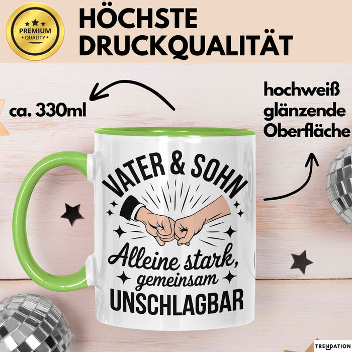 Papa Vatertag Vater Sohn Tasse Becher Geschenk Lustige Geschenkidee Spruch Vater & Sohn Alleine Stark Gemeinsam Unschlagbar Grün Trendation