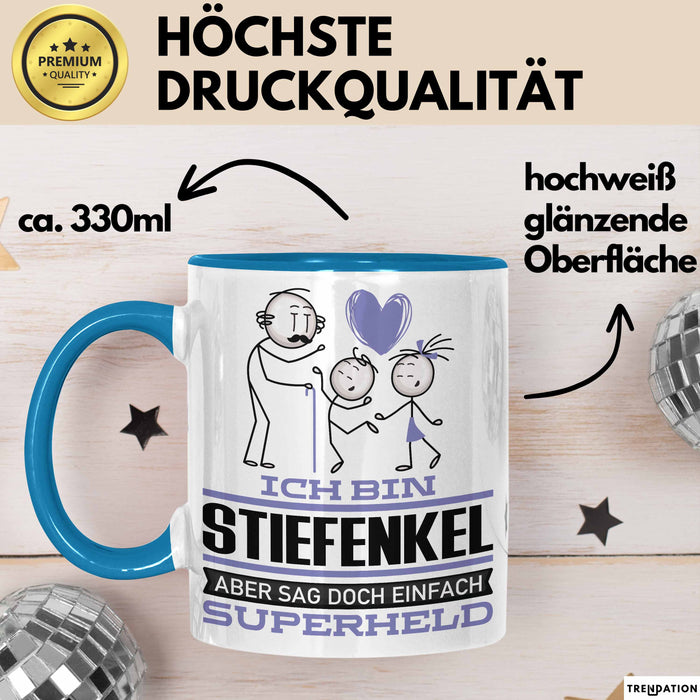 Stiefenkel Geschenk Tasse Ich Bin Stiefenkel Aber Sag Doch Einfach Superheld Lustige Geschenkdiee für Stiefenkel Kaffee-Becher Blau Trendation