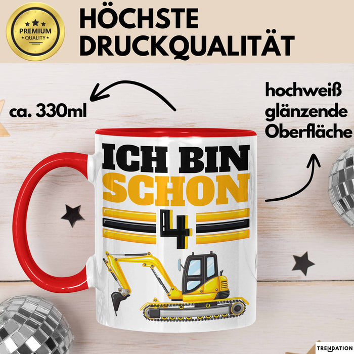 4. Geburtstag Geschenk Tasse Becher Jungs Bagger Ich Bin Schon 4 Rot Trendation