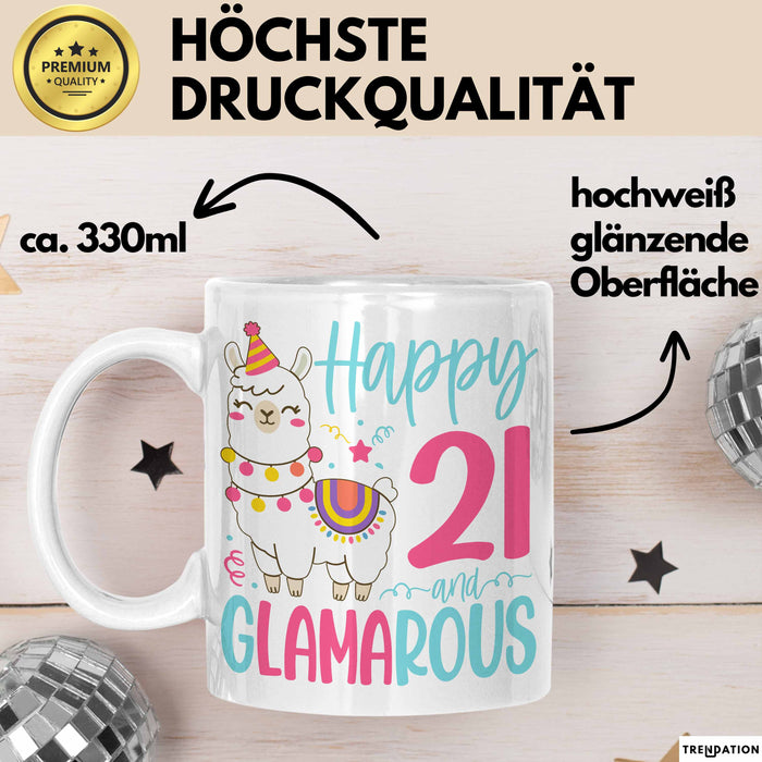 21er Geburtstag Tasse Geschenk Happy 21 And Glamarous Llama Alpaka Liebhaber Geschenkidee zum Geburtstag Weiß Trendation