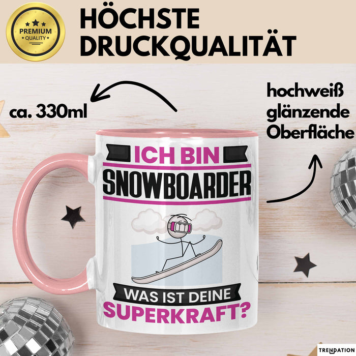 Snowboarder Tasse Geschenk für Snowboarder Geburtstag Lustiger Spruch Kaffee-Becher Was Ist Deine Superkraft Rosa Trendation