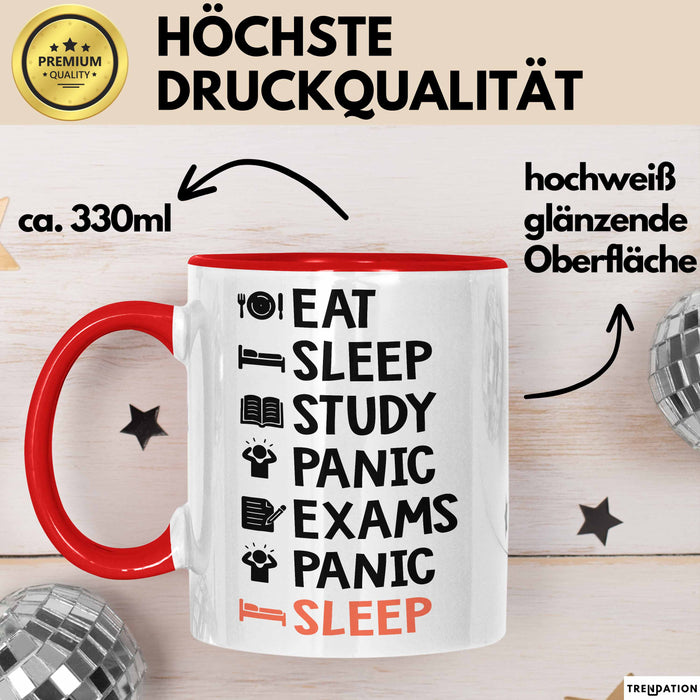 Medizinstudent Arzt Tasse Geschenk Lustige Geschenkidee Spruch Essen Schlafen Lernen Panik Prüfungen Panik Schlafen Rot Trendation
