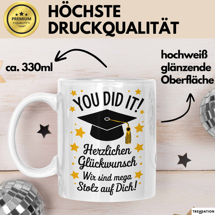 Schüler Abschluss Tasse Geschenk Lustige Geschenkidee Spruch Herzlichen Glückwünsche Weiß Trendation