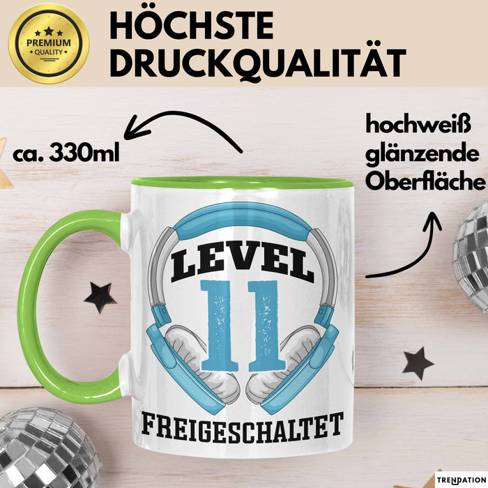 11. Geburtstag Gamer Tasse Geschenk Level 11 Freigeschaltet Grün Trendation