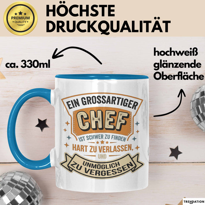 Büroarbeit Kollege Chef Tasse Geschenk Lustige Geschenkidee Spruch Ein Grossartiger Chef Ist Schwer Zu Finden Blau Trendation