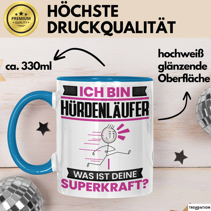 Hürdenläufer Tasse Geschenk für Hürdenläufer Geburtstag Lustiger Spruch Kaffee-Becher Was Ist Deine Superkraft Blau Trendation