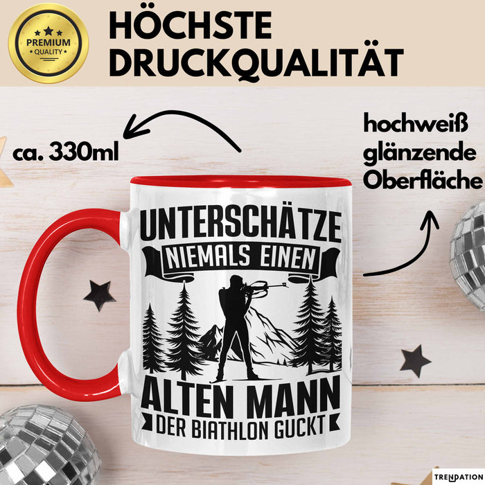 Biathlon Tasse Geschenk Wintersport Geschenke Unterschätze Niemals Einen Alten Mann Der Biathlon Guckt Rot Trendation