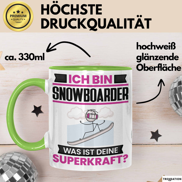 Snowboarder Tasse Geschenk für Snowboarder Geburtstag Lustiger Spruch Kaffee-Becher Was Ist Deine Superkraft Grün Trendation