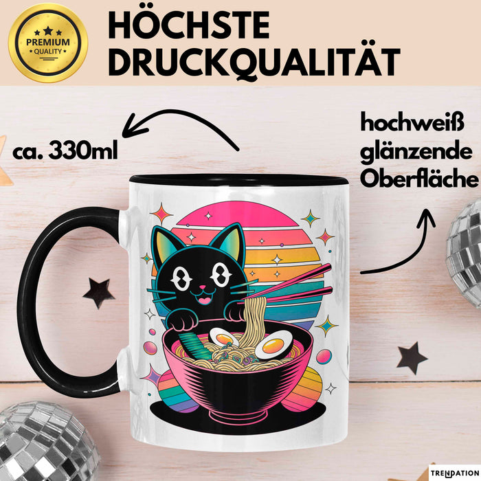 Katzen Tierliebhaber Tasse Geschenk Lustige Geschenkidee Spruch Katze Isst Ramen Nudeln Schwarz Trendation