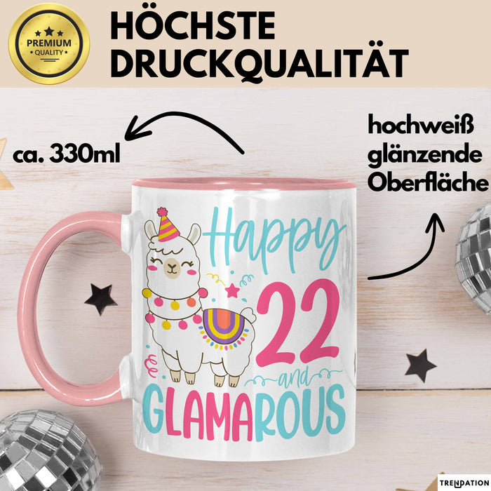 22er Geburtstag Tasse Geschenk Happy 22 And Glamarous Llama Alpaka Liebhaber Geschenkidee zum Geburtstag Rosa Trendation