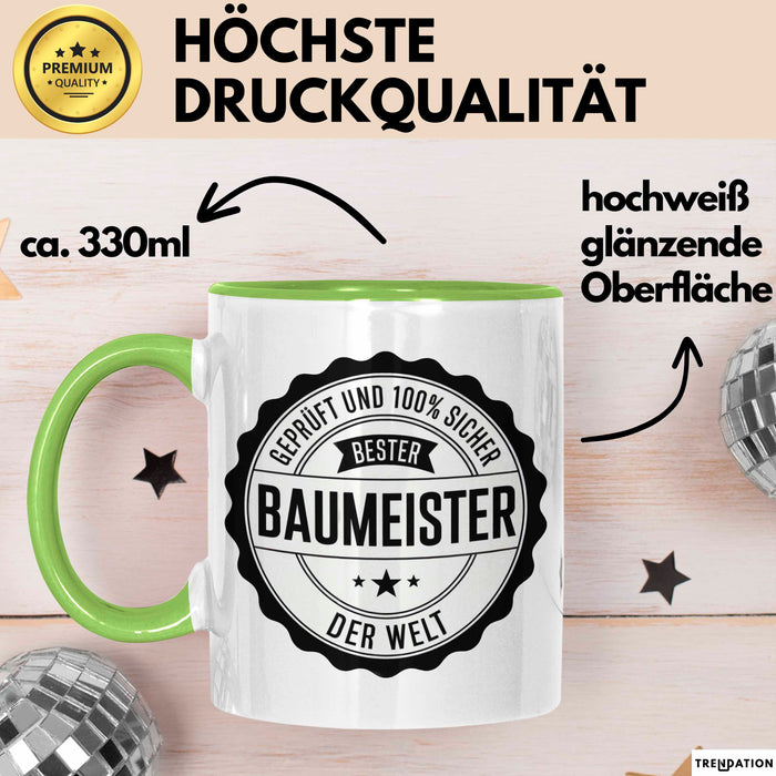Bauarbeiter Tasse Geschenk 100% Bester Bauleiter Handwerker Geschenkidee Lustig Grün Trendation