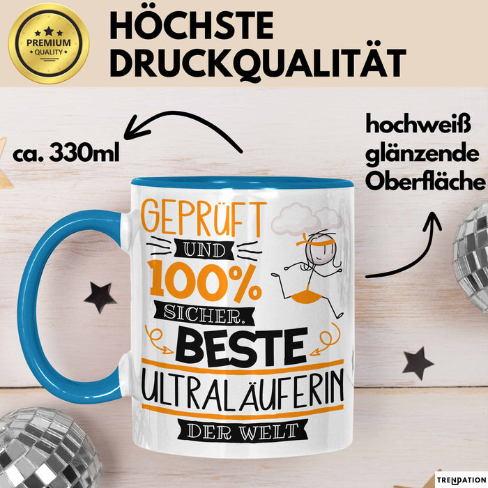 Beste Ultraläuferin Der Welt Tasse Geschenk für Eine Ultraläuferin Geprüft Und Sicher Geschenkidee Geburtstag Weihnachten Blau Trendation
