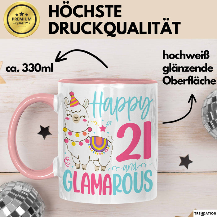 21er Geburtstag Tasse Geschenk Happy 21 And Glamarous Llama Alpaka Liebhaber Geschenkidee zum Geburtstag Rosa Trendation