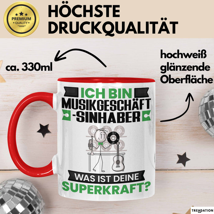Musikgeschäftsinhaber Tasse Geschenk für Musikgeschäftsinhaber Geburtstag Lustiger Spruch Kaffee-Becher Was Ist Deine Superkraft Rot Trendation