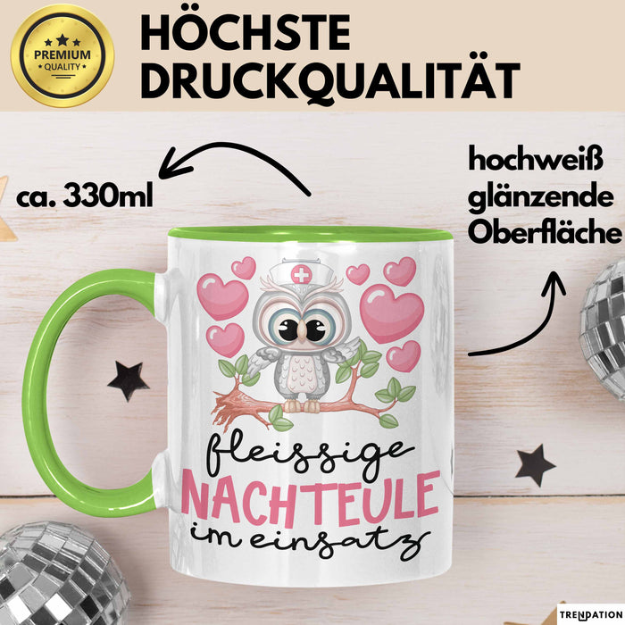 Frau Geschenk Tasse Fleissige Nachteule Im Einsatz Geschenkdiee Für Eulen-Fans Kaffee-Becher Grün Trendation