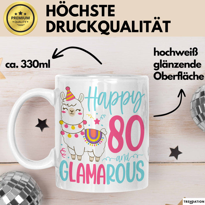 80er Geburtstag Tasse Geschenk Happy 80 And Glamarous Llama Alpaka Liebhaber Geschenkidee zum Geburtstag Weiß Trendation