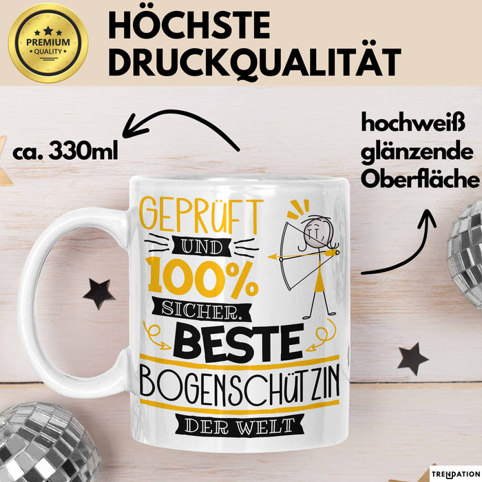 Beste Bogenschützin Der Welt Tasse Geschenk für Eine Bogenschützin Geprüft Und Sicher Geschenkidee Geburtstag Weihnachten Weiß Trendation