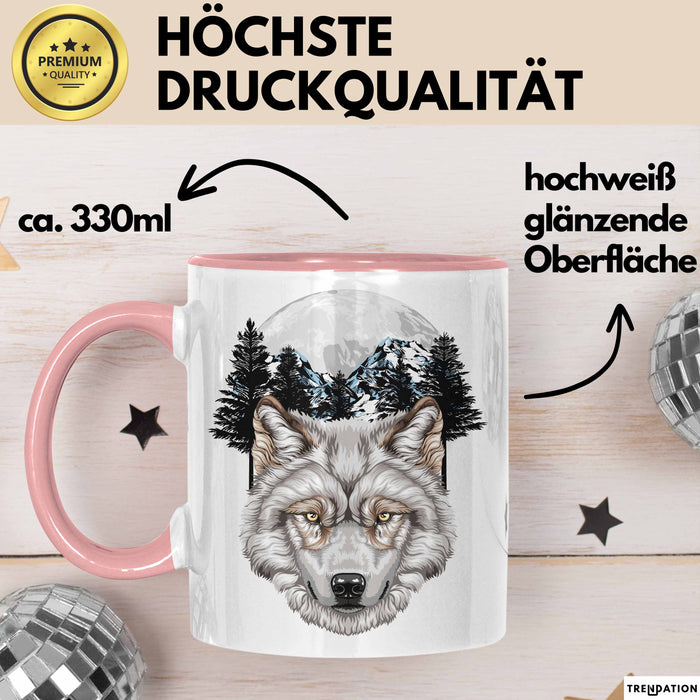 Wolf Tasse Geschenk Realistisch Berglandschaft Vollmond Geschenkidee Rosa Trendation