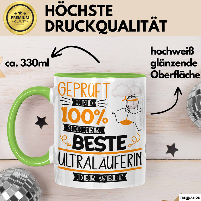 Beste Ultraläuferin Der Welt Tasse Geschenk für Eine Ultraläuferin Geprüft Und Sicher Geschenkidee Geburtstag Weihnachten Grün Trendation