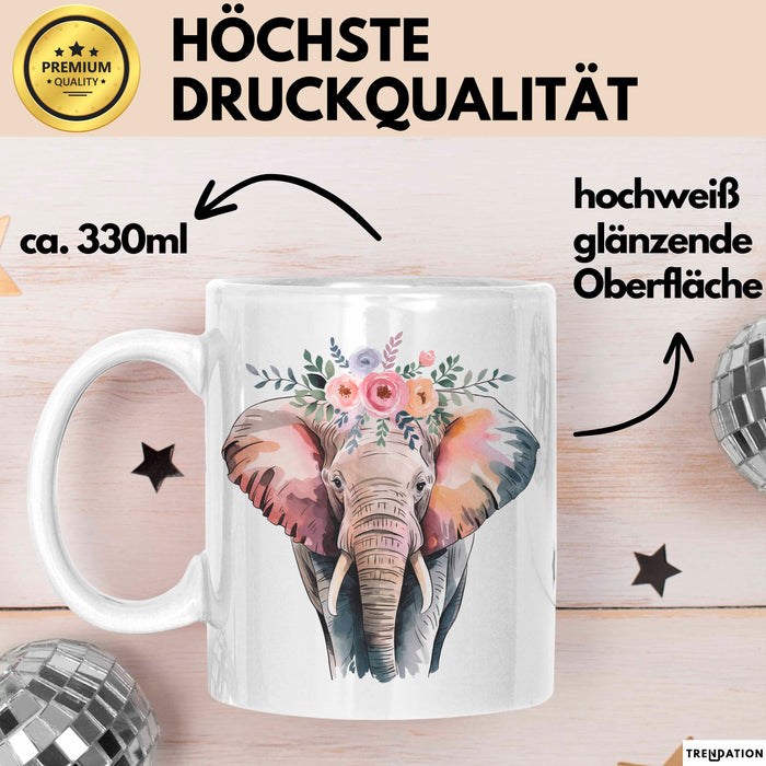Elefant Tier Blumen Tasse Geschenk Lustige Geschenkidee Spruch Weiß Trendation