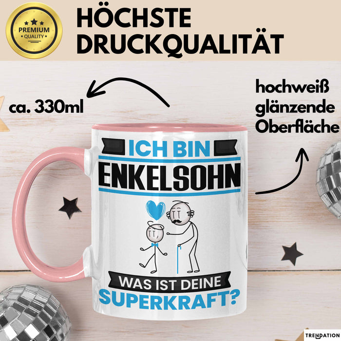 Enkelsohn Tasse Geschenk für Enkelsohn Geburtstag Lustiger Spruch Kaffee-Becher Was Ist Deine Superkraft Rosa Trendation