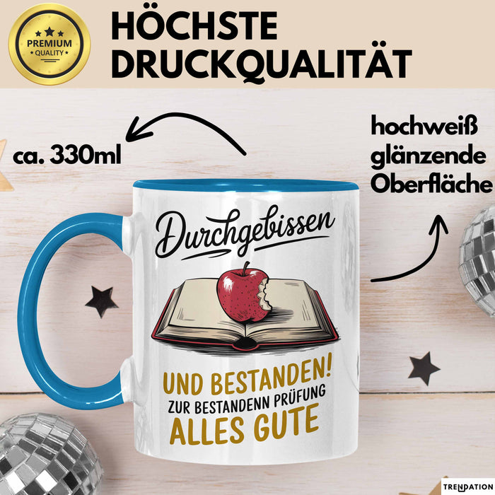 Schüler Abschluss Tasse Geschenk Lustige Geschenkidee Spruch Durchgebissen Und Bestanden Blau Trendation