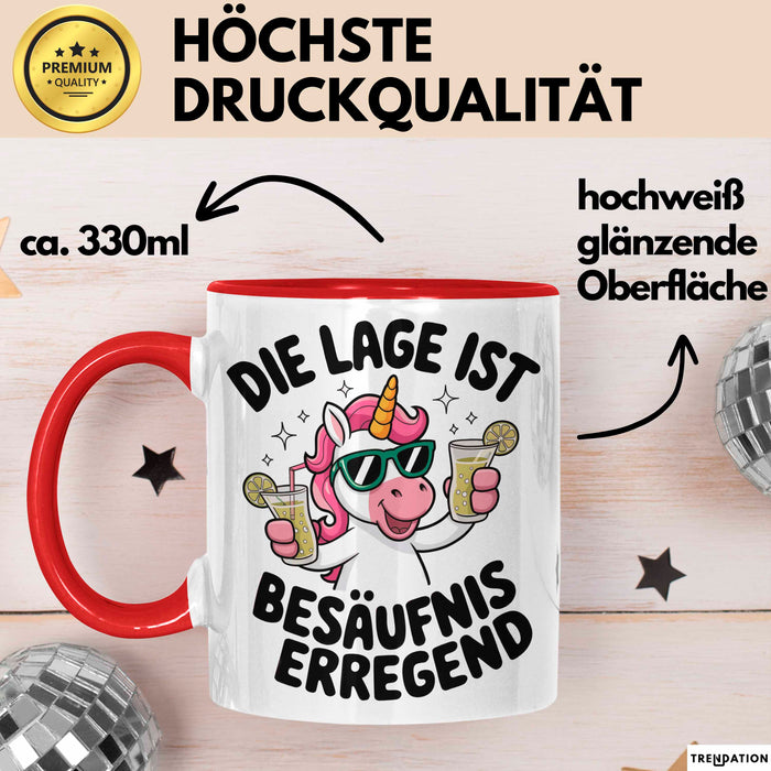 Einhorn Trinken Liebhaber Sarkasmus Tasse Becher Geschenk Lustige Geschenkidee Spruch Die Lage Ist Besäufniserregend Rot Trendation