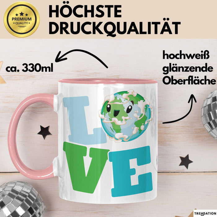 Erde Tasse Geschenk LOVE Schriftzug Lächelnde Erde Geschenkidee Rosa Trendation