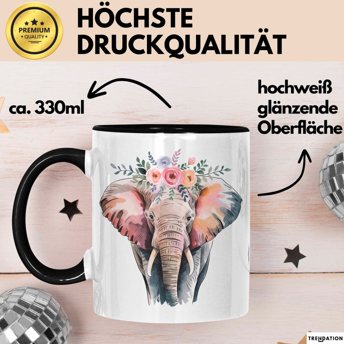 Elefant Tier Blumen Tasse Geschenk Lustige Geschenkidee Spruch Schwarz Trendation