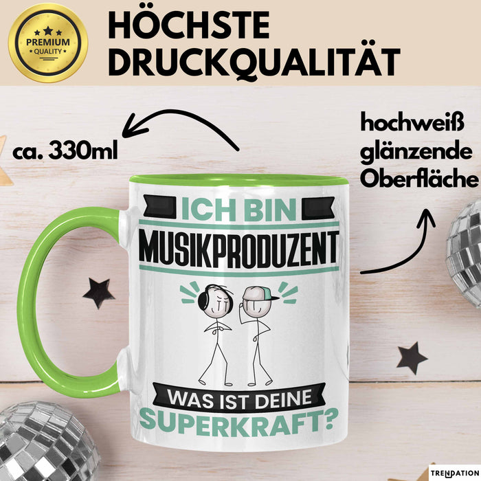 Musikproduzent Tasse Geschenk für Musikproduzent Geburtstag Lustiger Spruch Kaffee-Becher Was Ist Deine Superkraft Grün Trendation