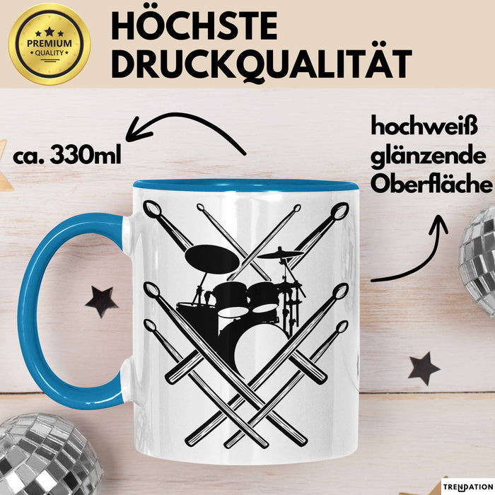 Drummer Schlagzeug-Spieler Geschenk Tasse Geschenkidee Kaffee-Becher Schlagzeuger Schlagzeug Stick Blau Trendation