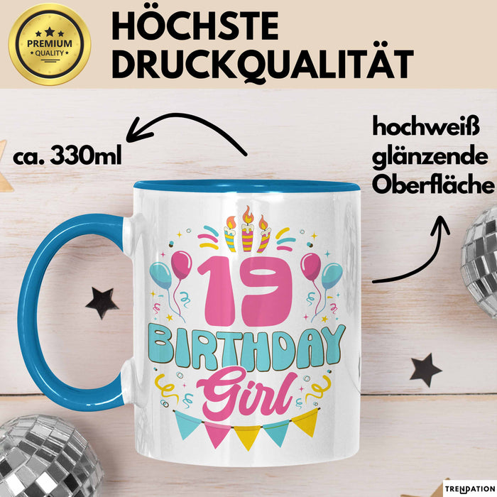 19. Geburtstag Tasse Frauen Mädchen Geschenkidee Lustig 19 Birthday Girl Lustiger Spruch Blau Trendation