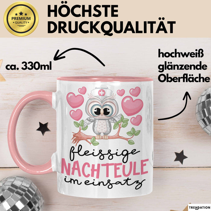 Frau Geschenk Tasse Fleissige Nachteule Im Einsatz Geschenkdiee Für Eulen-Fans Kaffee-Becher Rosa Trendation