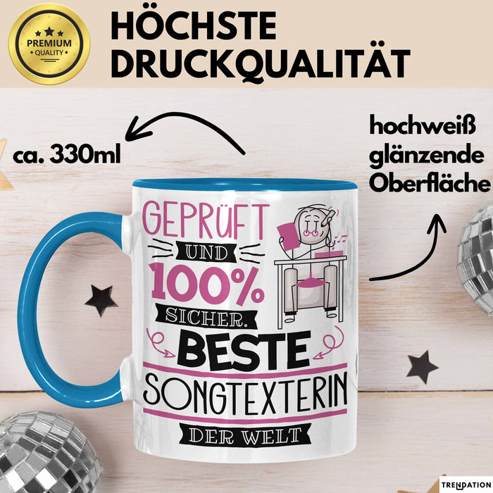 Beste Songtexterin Der Welt Tasse Geschenk für Eine Songtexterin Geprüft Und Sicher Geschenkidee Geburtstag Weihnachten Blau Trendation