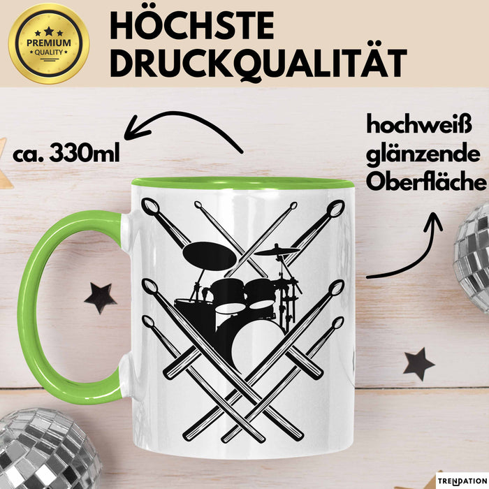 Drummer Schlagzeug-Spieler Geschenk Tasse Geschenkidee Kaffee-Becher Schlagzeuger Schlagzeug Stick Grün Trendation